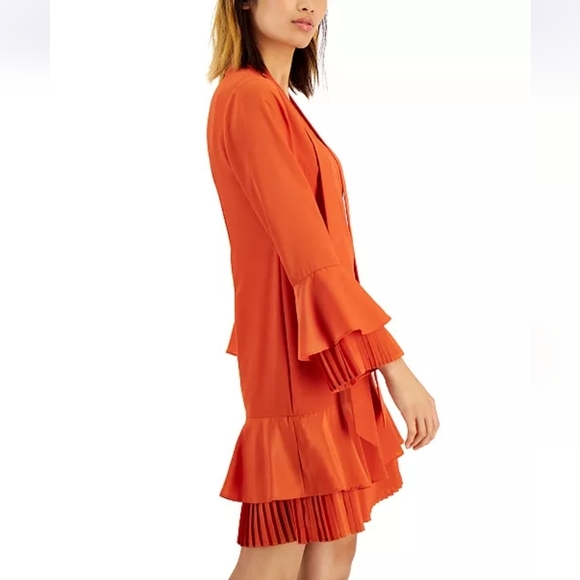 NWT Tahari ASL Burnt Orange Pleated Trim Tie Neck Dress Size 14 - Picture 14 of 15